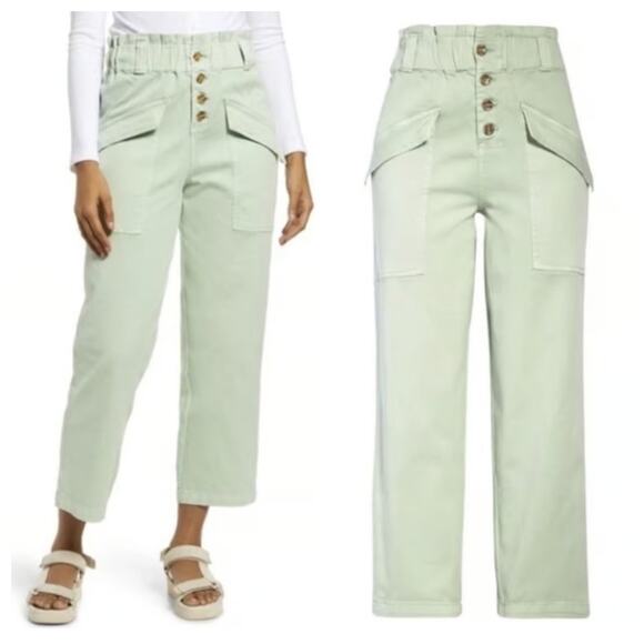 BP Women's High Waist Paperbag Ankle Twill Pants Light Lime Size 28 - Picture 1 of 12